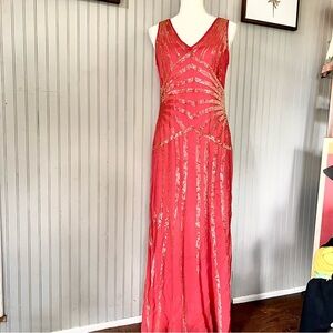 Nicole Miller SILK Coral Color Sequins Sleeveless Maxi Dress Gown